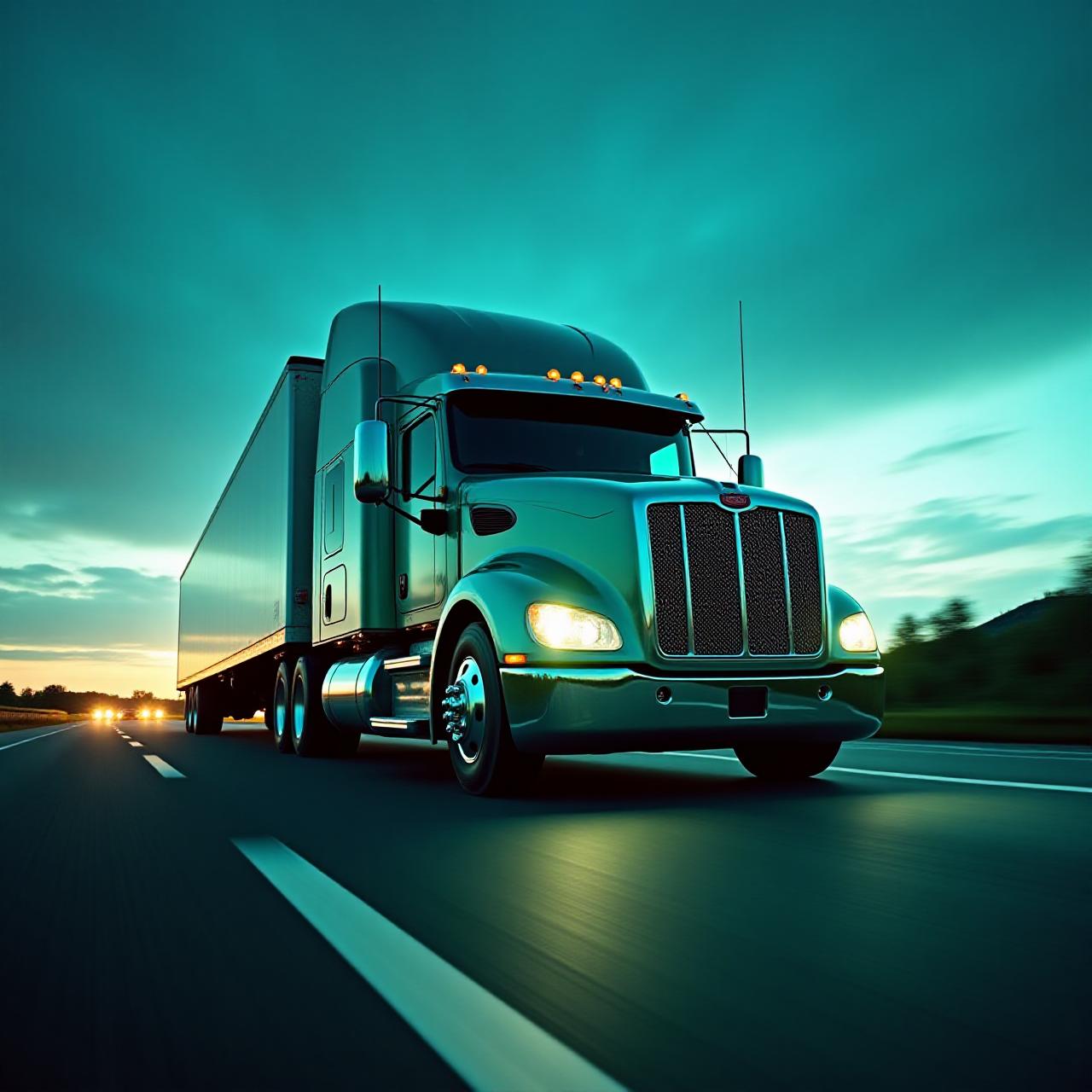 Heavy duty freight truck on highway at night