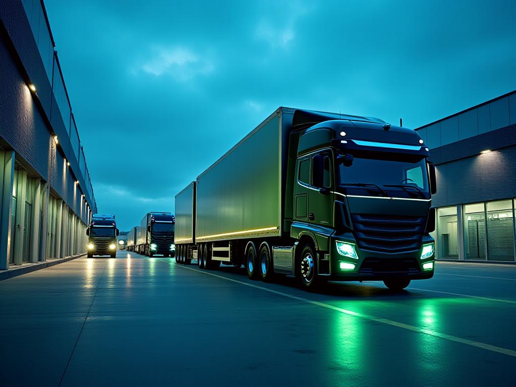 Modern logistics fleet in a dark-themed industrial setting