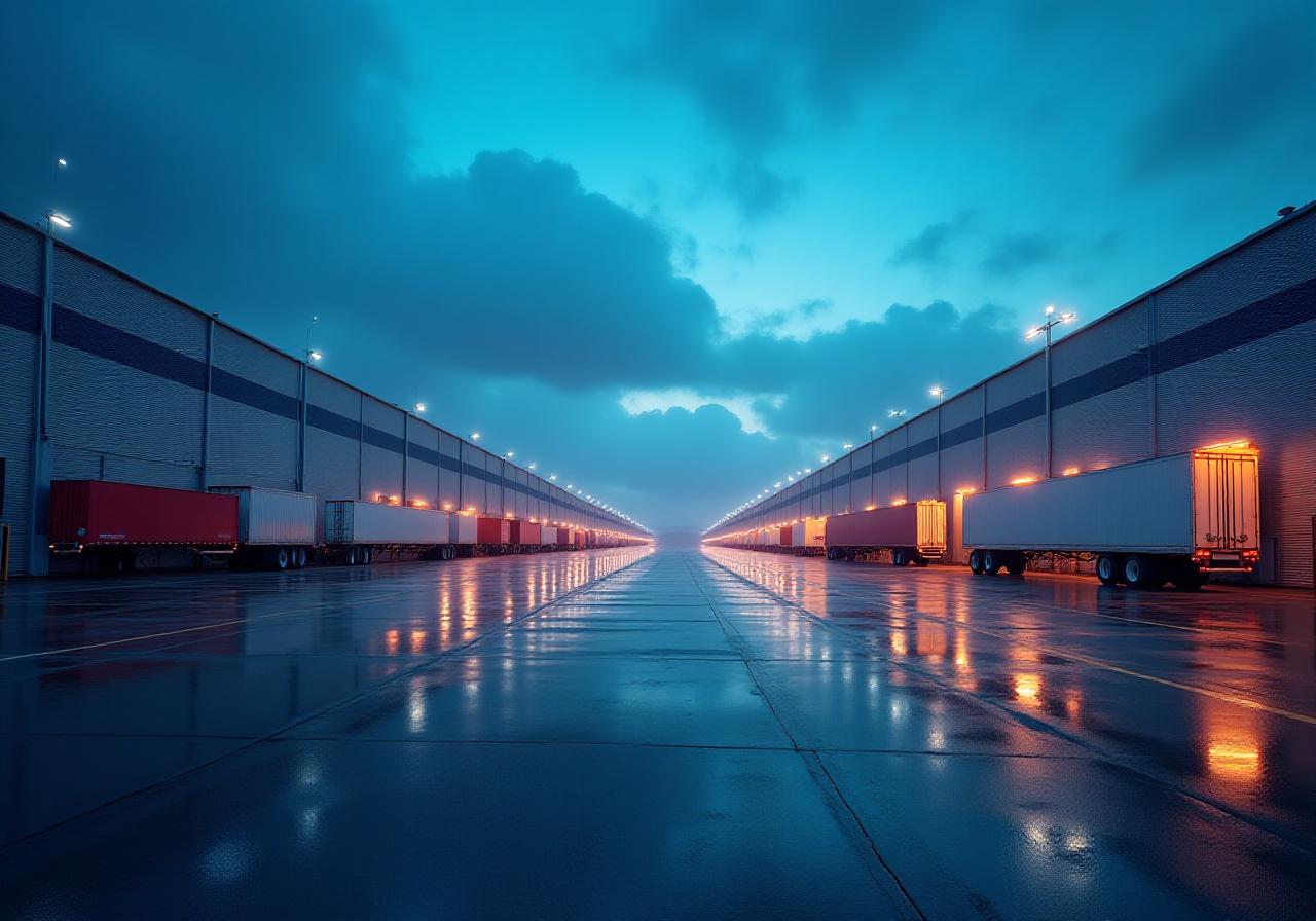 Modern logistics hub at twilight